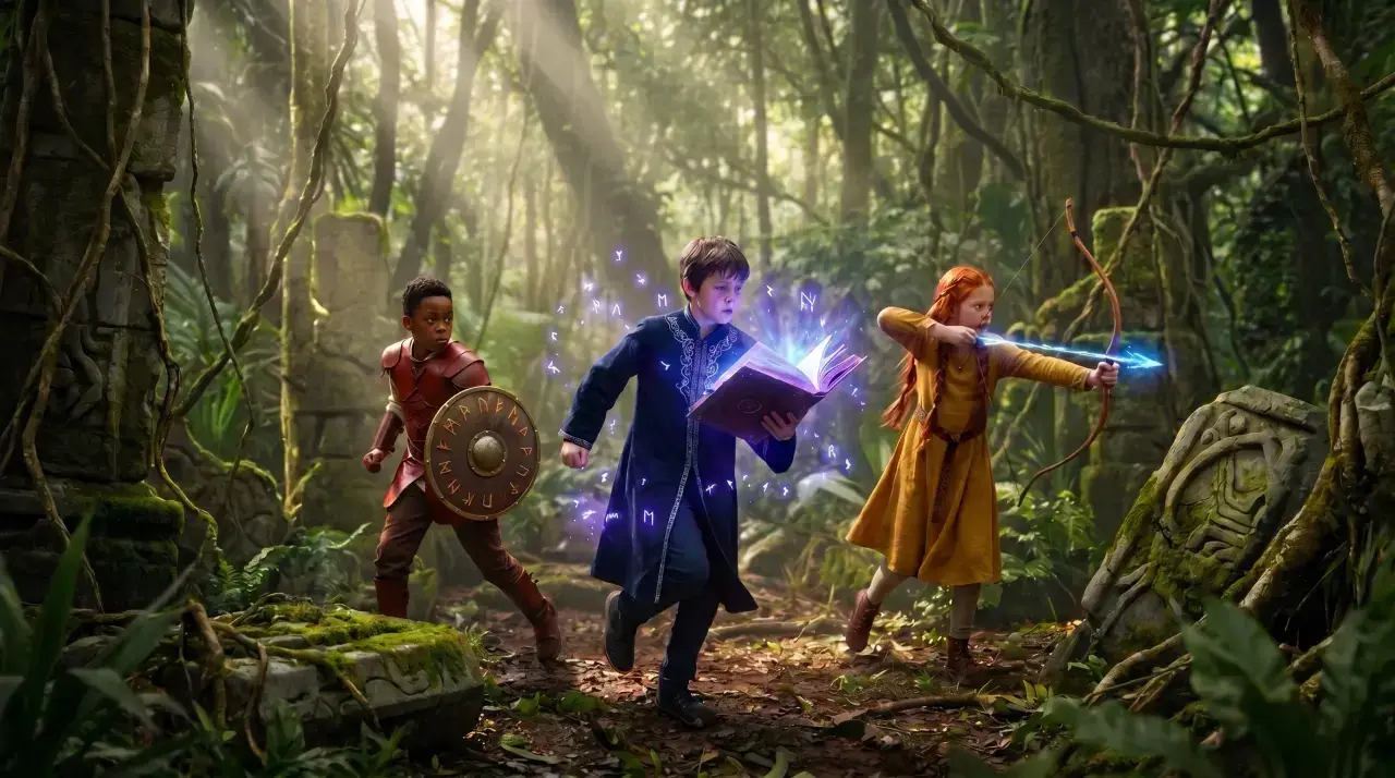 Young adventurers in an enchanted forest