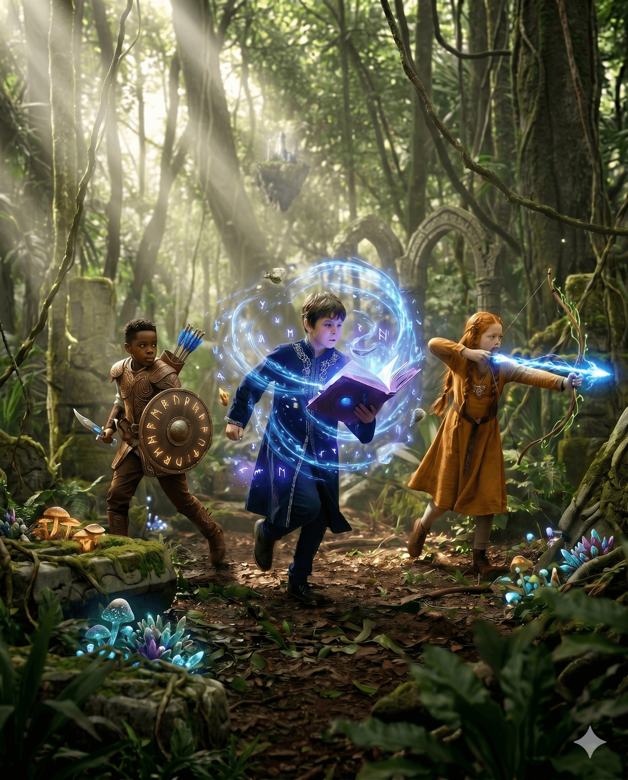 Young adventurers in an enchanted forest